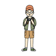 Young tourist man character, hand drawn style vector illustration