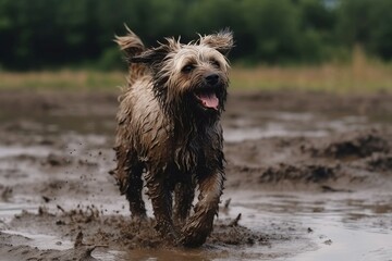 Dog dirty mud playing. Dirt bath. Generate Ai - obrazy, fototapety, plakaty