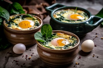 Egg dishes spinach cheese. Meal tasty. Generate Ai - obrazy, fototapety, plakaty