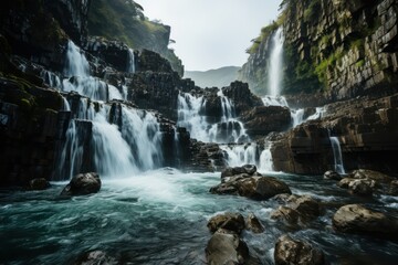 Majestic waterfall cascading down a rocky cliff face, surrounded by a lush forest.