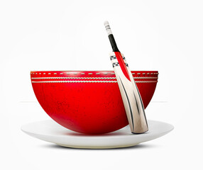 Empty ceramic white plate on cricket ball, Cricket with half cricket ball on pitch ,cricket restaurant banner ads, food  poster design bat isolated  from white background