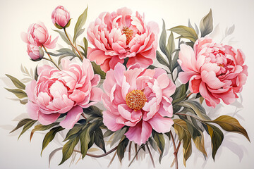 Watercolor painting of peony, with stems and leaves.