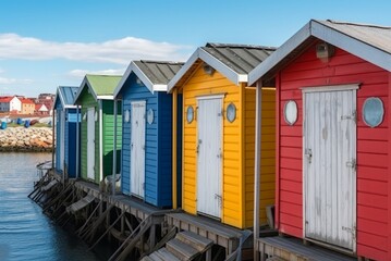 Fisherman colorful huts row. Relax beach. Generate Ai