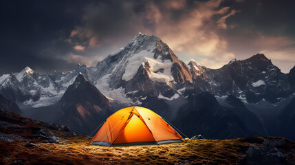 An illuminated orange tent pitched amidst the mountains, set against a majestic mountain range