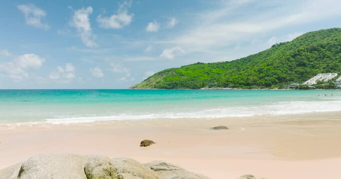 Relaxing day on an empty sea beach Visit the beautiful sandy beach Beaches of Phuket Thailand, video travel forward gorgeous tropical sea beach The beach is empty and devoid of people and tourists.