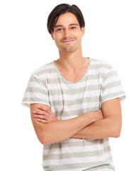 Man, confident and portrait in studio fashion for style, happy or designer t-shirt. Male model person, face smile and pose for casual clothes outfit or care free attitude, white background in Canada