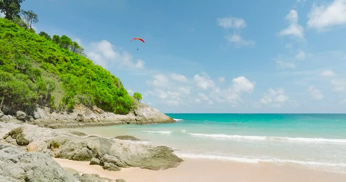 Relaxing day on an empty sea beach Visit the beautiful sandy beach Beaches of Phuket Thailand, video travel forward gorgeous tropical sea beach The beach is empty and devoid of people and tourists.