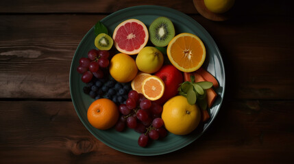 fresh summer fruits and berries on a plate, on a wooden dark background. Generative AI