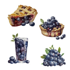 Watercolor blueberry set of different pastry treats and beverage with blueberries, isolated on white background. Set contains pie, tart, ice beverage with mint , pile of blueberries. 