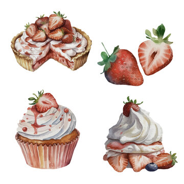 Watercolor strawberry set of different pastry treats and strawberries, isolated on white background. Set contains pie, tart, cupcakes with cream, strawberries, half of strawberries. 