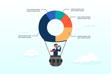 Businessman look through telescope on pie chart diagram balloon, business pie chart forecast, prediction or plan, investment asset allocation, marketing diagram or statistics data, research (Vector)  - obrazy, fototapety, plakaty
