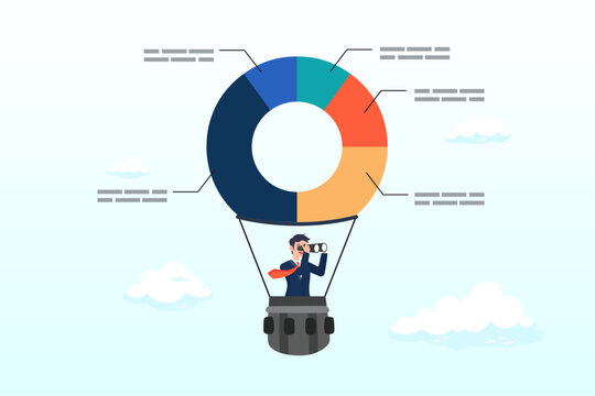 Businessman look through telescope on pie chart diagram balloon, business pie chart forecast, prediction or plan, investment asset allocation, marketing diagram or statistics data, research (Vector) 