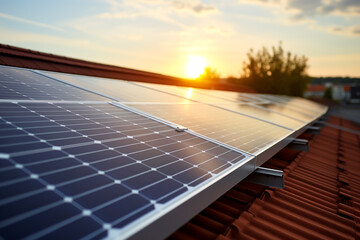 Solar power panel installed on a rooftop. Green energy. Electricity. Power energy pannels. Solar batteries production.
