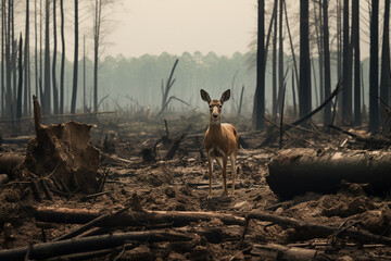 Wild animal in a deforested area on wildlife habitats. Animal in the middle of a felled forest. Deforestation's on Wildlife concept. - obrazy, fototapety, plakaty