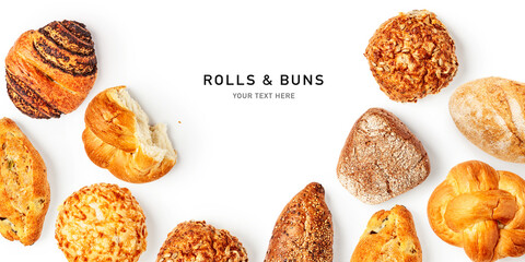 Bread rolls and buns frame border isolated on white background. - obrazy, fototapety, plakaty