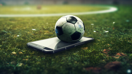 Ball with a smartphone on the football field online