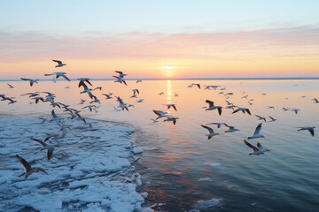 flock of waterfowl migrating in search of warmer places. Birds flying above the sea. Ecology concept - Powered by Adobe