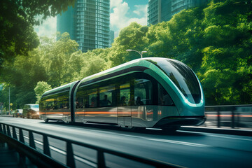 Obraz premium A futuristic electric, emission-free public transportation gliding through a green city.