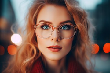 beautiful woman in glasses posing in front of the camera with a blurred image