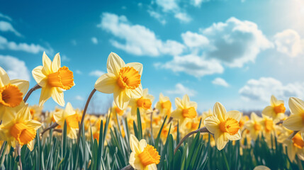 Fototapeta na wymiar Yellow daffodils or narcissus flowers close up.