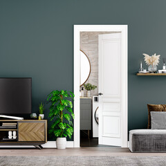 living room with bathroom and plaster walls and wooden floor, living room with tv cabinet , white door with carpet interior design concept , 3d illustration