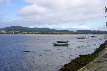 Small boats in the harbor. They are tied to the bank of a great river.