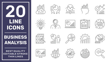 Vector set of 20 icons related business analysis, progress and business process. Line pictograms and infographics design elements. Editable Stroke. EPS 10.