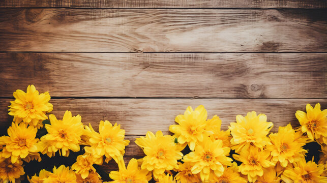 Yellow flowers on vintage wooden background border.