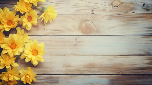 Yellow flowers on vintage wooden background border.