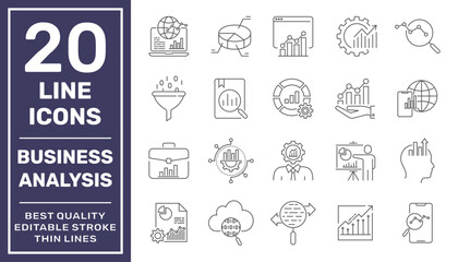 Vector set of 20 icons related to business analysis, progress and business processing. Line pictograms and infographics design elements. Editable Stroke. EPS 10