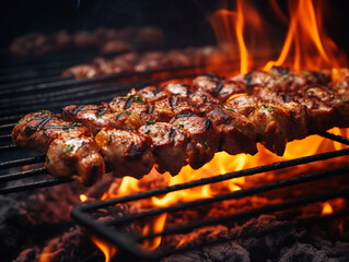 Roasting kebabs in front of a fire is a neutral backdrop.