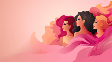 A Women's Day celebration banner for March 8th, adorned with a graphic illustration of multiple women's faces, set against a pastel pink background with horizontal space for text