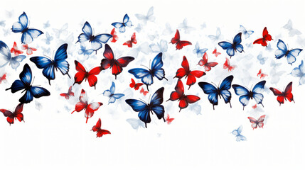 A group of butterflies flying through the air on a white