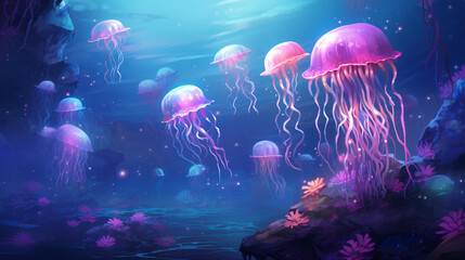 Fototapeta na wymiar A group of jellyfish swimming in a blue sea.