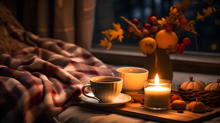 Two cups with hot drinks at home with autumnal decoration