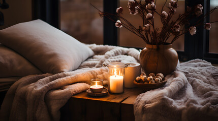Fototapeta na wymiar Cozy autumn composition with aromatic candles and flowers