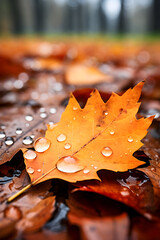 Autumn dry yellow leaves fallen with dew in the forest