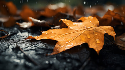 Macro close up of brown orange fall leaves with round rain droplets on them