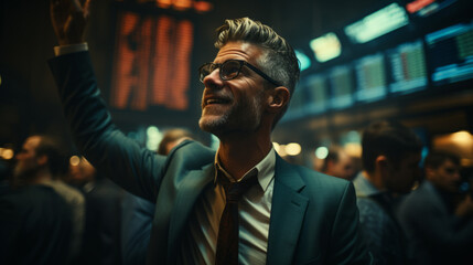 A handsome businessman looking up and waving. Stock trader on the trading floor. Professional. Successful businessman. - obrazy, fototapety, plakaty