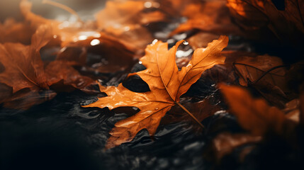 Fallen dry orange maple leaves, autumn natural background