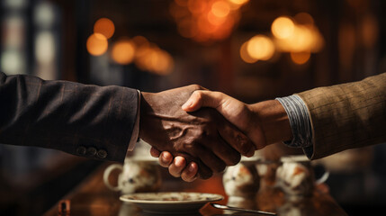 Two businessmen shaking hands. Cross cultural agreement. Multiculturalism. Global business. Making an agreement. Signing a deal. Heads of agreement. Memorandum of understanding. Diplomacy. - obrazy, fototapety, plakaty