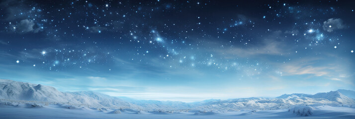 Panoramic snowy background at night, winter wonderland, snow-covered trees, sky and stars
