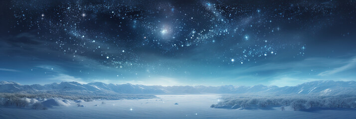 Panoramic snowy background at night, winter wonderland, snow-covered trees, sky and stars - obrazy, fototapety, plakaty