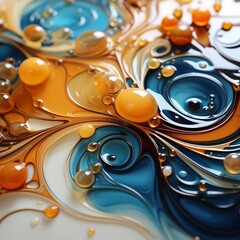 An orange and blue liquid on a surface of white