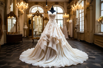 Wedding dress on display in room with chandeliers.