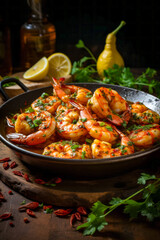 Pan filled with cooked shrimp and garnished with parsley.