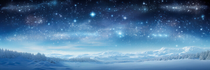 Panoramic snowy background at night, winter wonderland, snow-covered trees, sky and stars - obrazy, fototapety, plakaty
