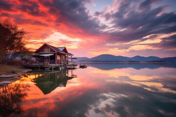 Wooden house on the lake at sunset, Bled, Slovenia, Beautiful sunset at the lake, Thailand. Long exposure shot, AI Generated