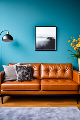 Living room with brown leather couch and blue wall.