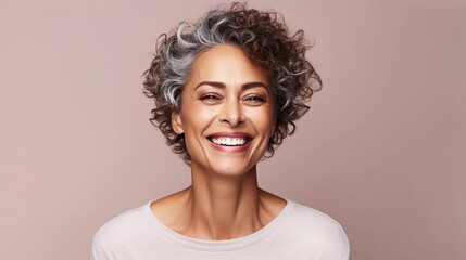 copy space, black middle age man portrait with healthy face skin. Open smiling beautiful aging mature woman with short hair. Beauty and cosmetics skincare advertising concept